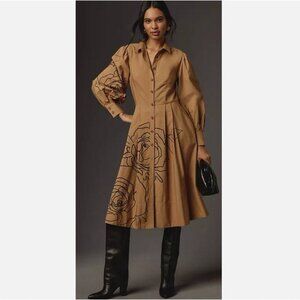 Anthropologie Long Sleeve A Line Midi Shirt Dress Brown Flower Design